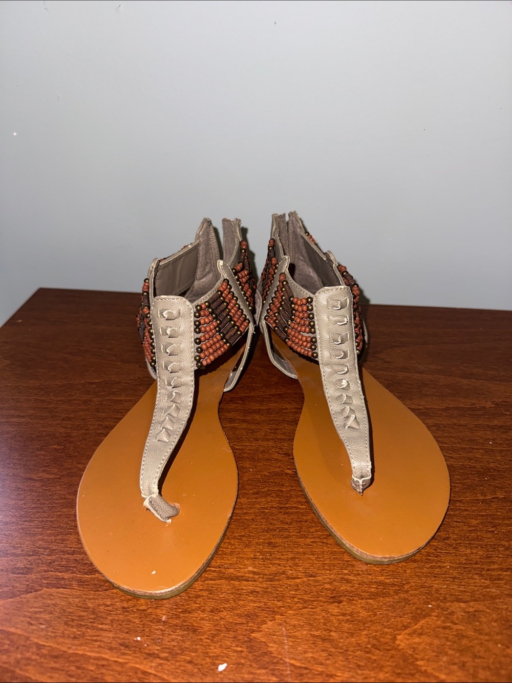 Beaded T-Strap Sandals in Tan and Brown